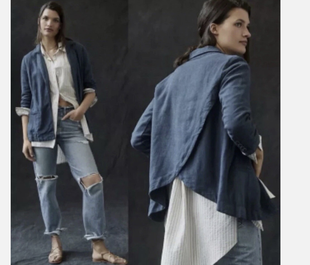 Anthropologie Linen Blazer Open Front Split Back Blue Lagenlook Size 10 New